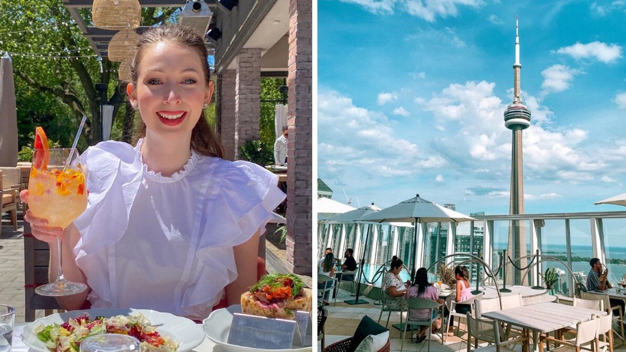 A woman drinking a cocktail with food in front of her. Right: A rooftop view of the CN Tower with people eating food.