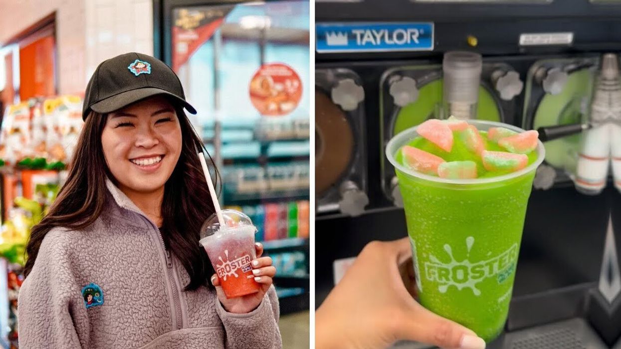 A woman drinking a Froster. Right: A hand holding a Froster.