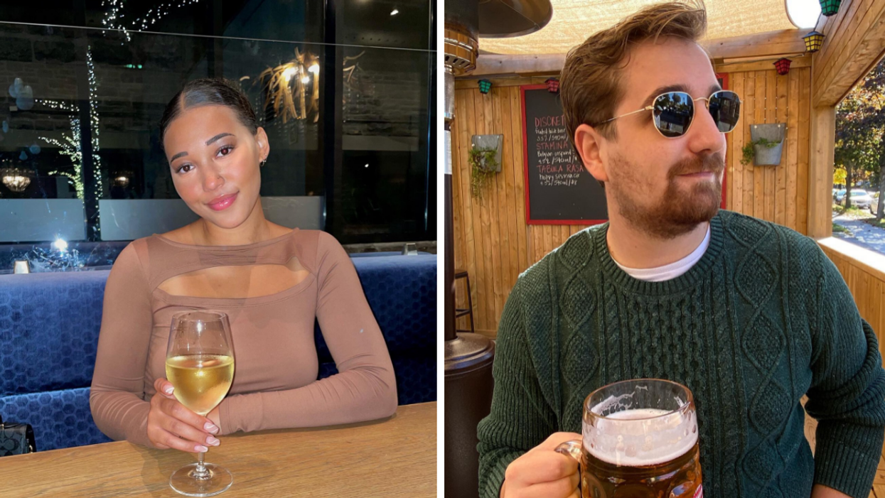 A woman drinking a glass of white wine. Right: A man with sunglasses drinking a beer.