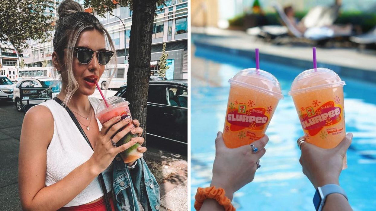 A woman drinking a Slurpee. Right: Two hands holding Slurpees.