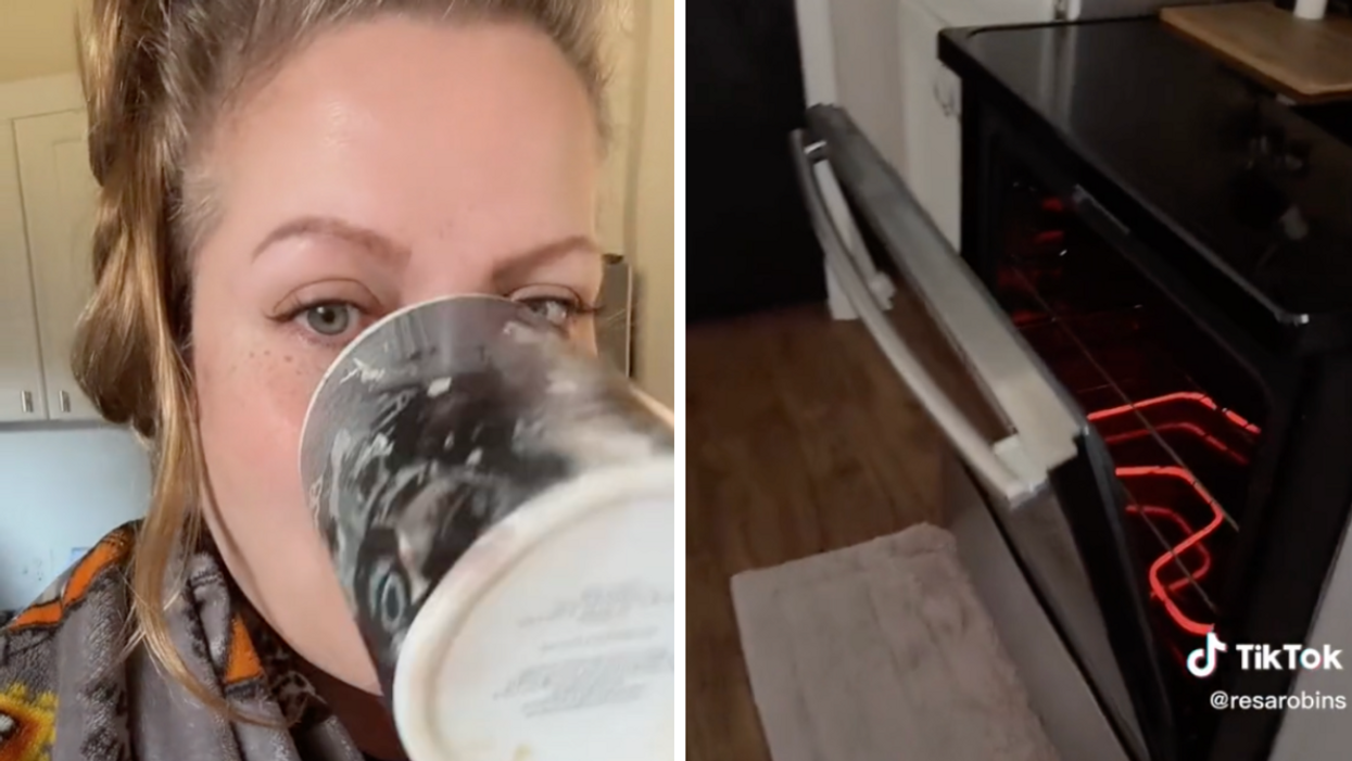 A woman drinking out of a coffee mug. Right: An opened oven.