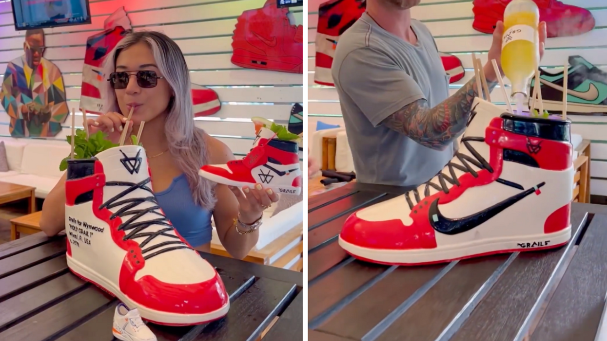 A woman drinking out of a giant sneaker. Right: A sneaker cocktail.