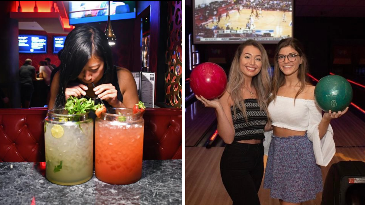 A woman drinking two giant drinks. Right: Two women bowling.