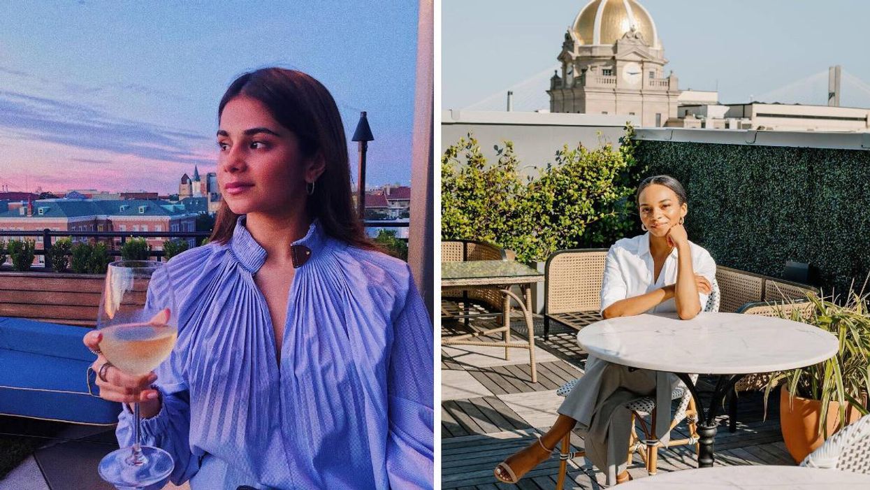 A woman drinking white wine in a lilac top at sunset. Right: A woman on a rooftop with Savannah's City Hall in the background.