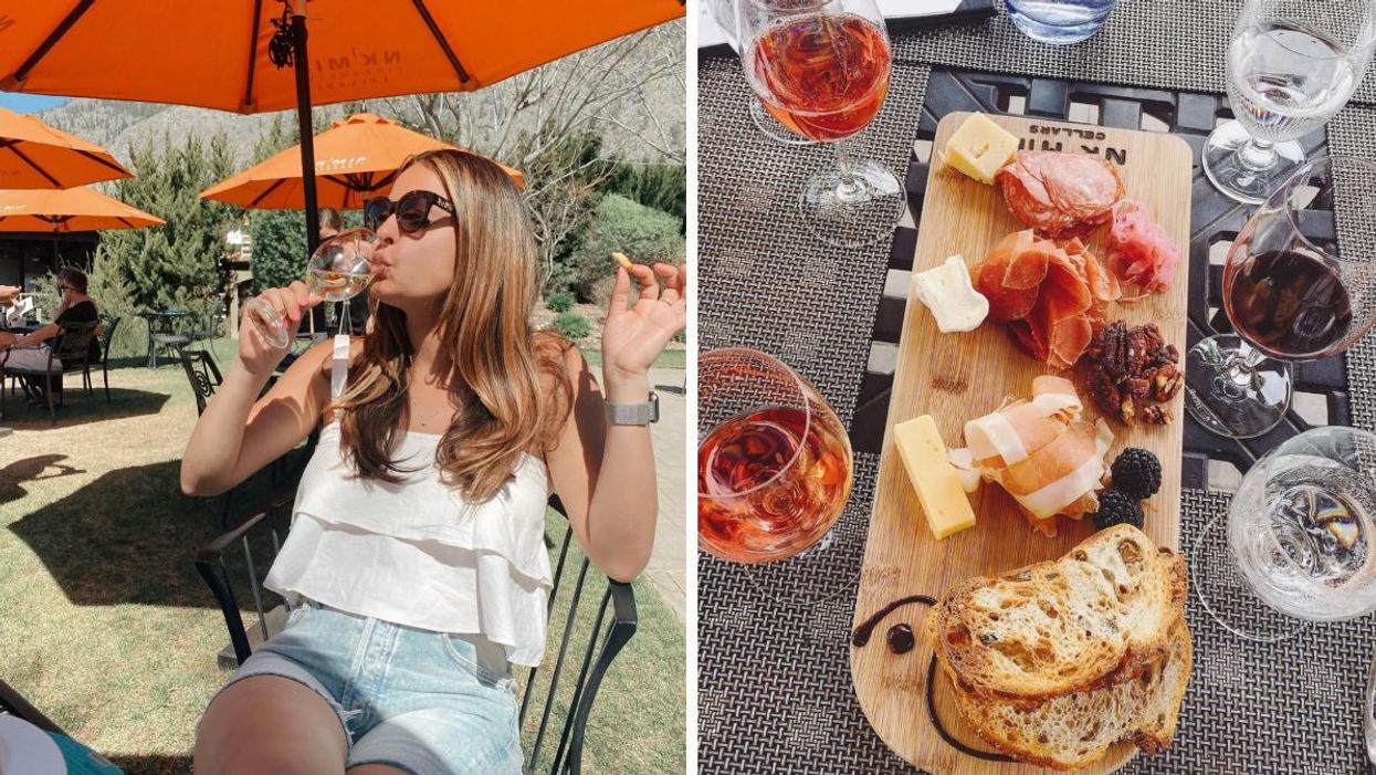 A woman drinking wine. Right: Charcuterie and wine.