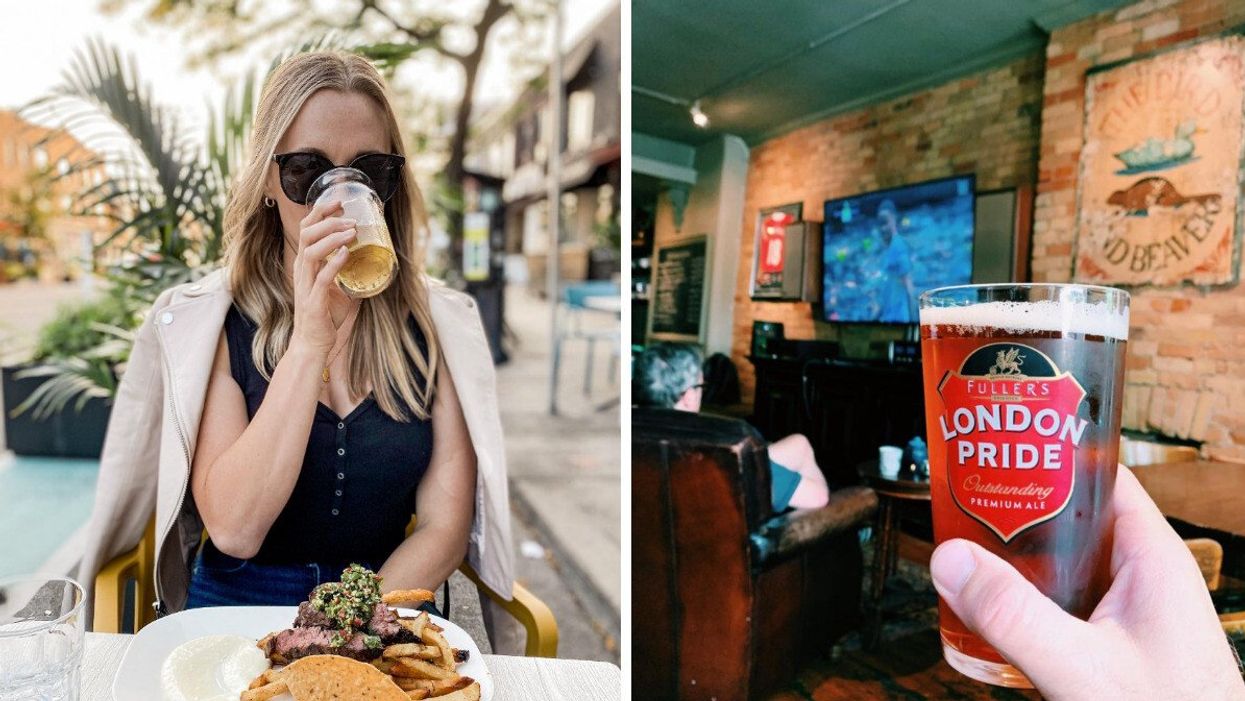 A woman drinks a pint at a pub in Toronto. Right: Someone holding a beer at Queen and Beaver Public House in Toronto.