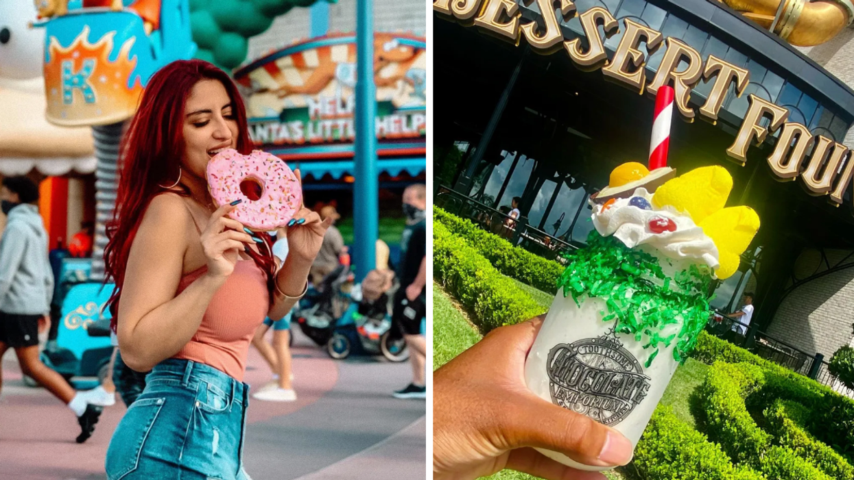 A woman eating a donut. Right: A milkshake from Chocolate Emporium.