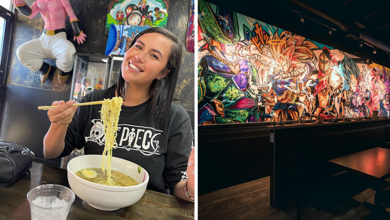 A woman eating a large noodle bar at Soupa Saiyan 1. Right: The interior of Soupa Saiyan 3.