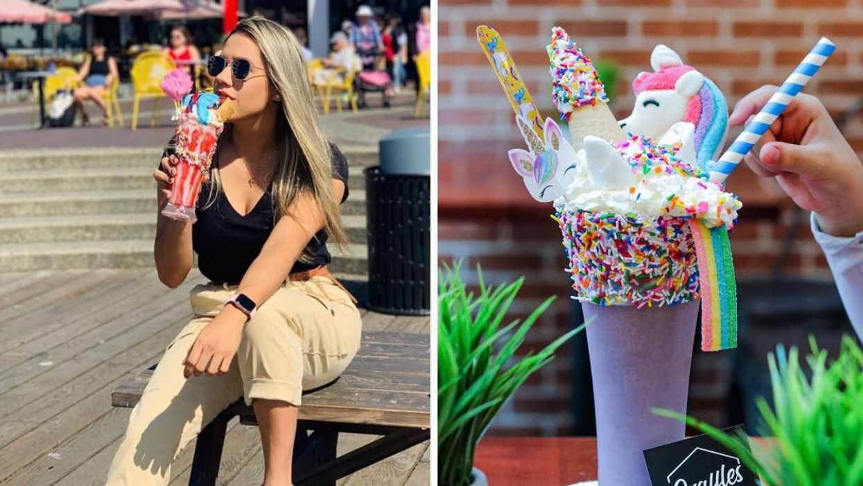 A woman eating a milkshake. Right: Unicorn Rainbow milkshake.