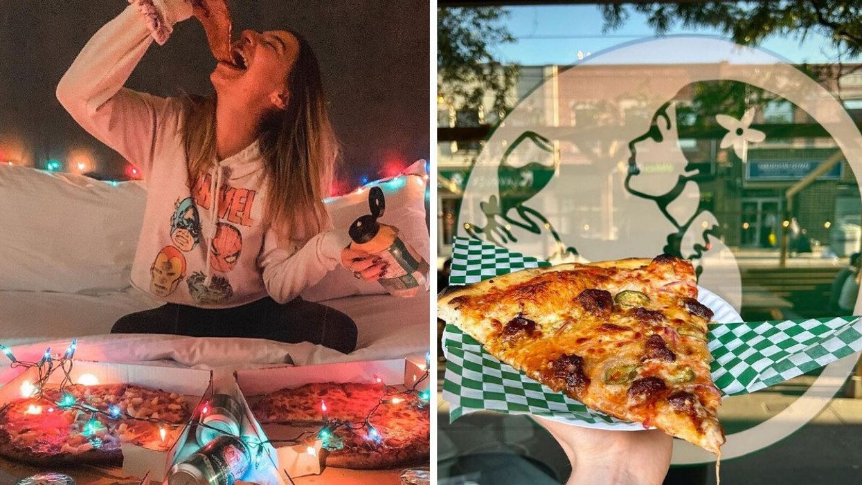 A woman eating a pizza slice in front of two pizzas and Christmas lights. Right: A pizza slice held up in front of a logo of a woman drinking wine.