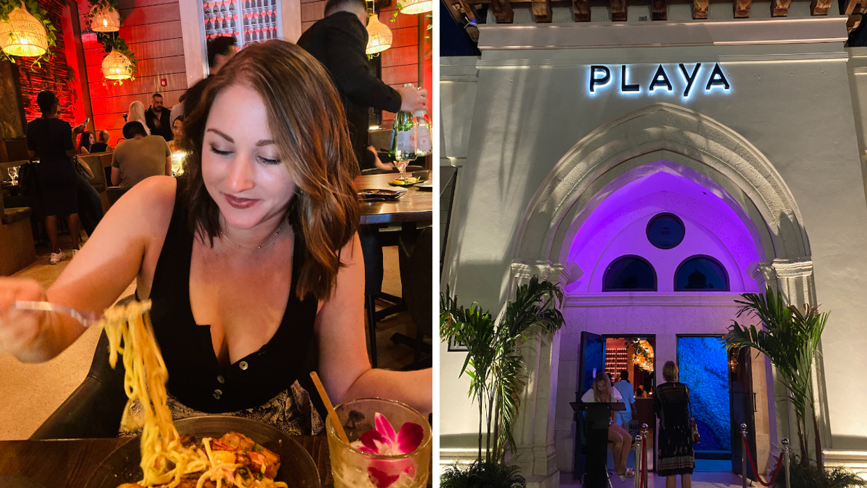 A woman eating a seafood pasta dish at Playa. Right: The outside of Playa.