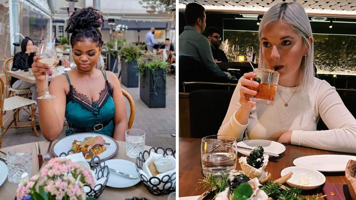 A woman eating at Boulevard. Right: A woman drinking a cocktail at Canoe.