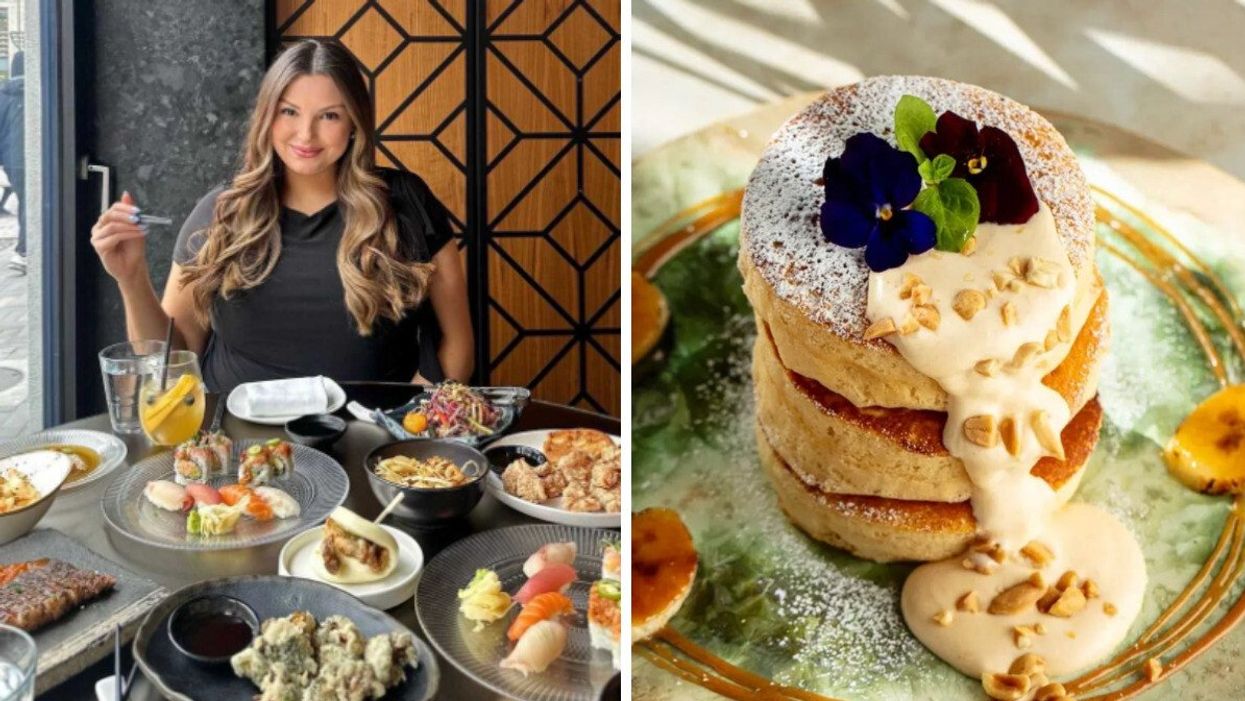 A woman eating at Kasa Moto. Right: Pancakes from Chotto Matte.