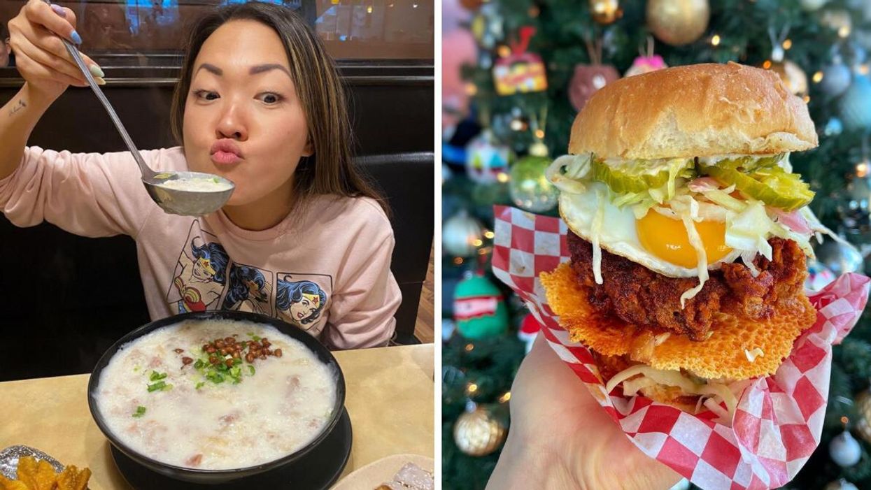 A woman eating congee. Right: DL Chicken burger.