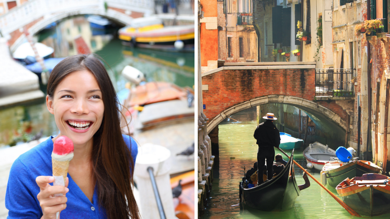 A woman eating ice cream in Venice. Right: A man in a gondola, on the Venice canal.