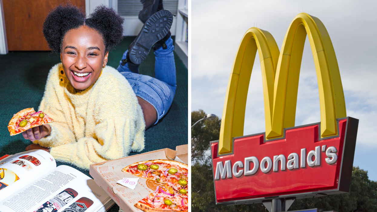 A woman eating pizza with a textbook. Right: The McDonald's sign.