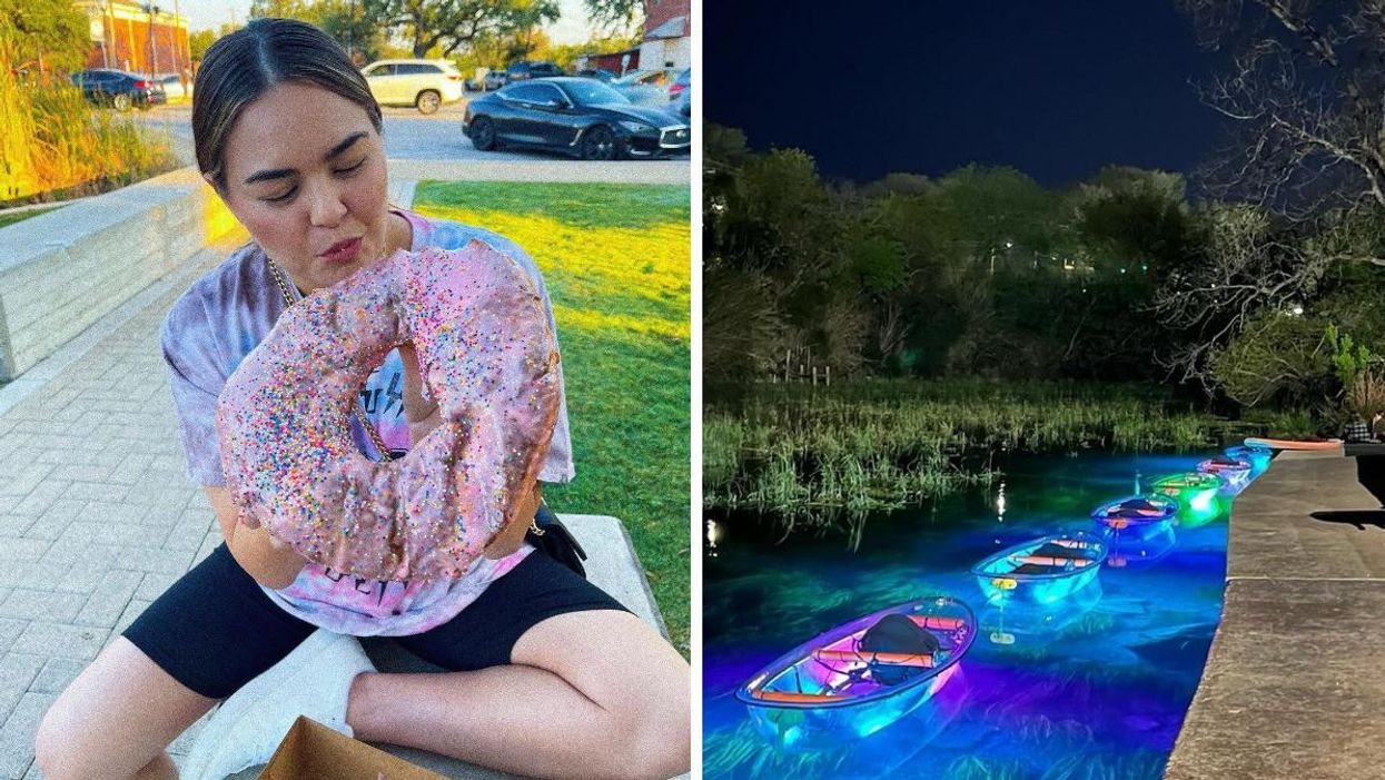 A woman eats a giant donut from Round Rock Donuts. Right: Glass-bottom kayak glow tour.