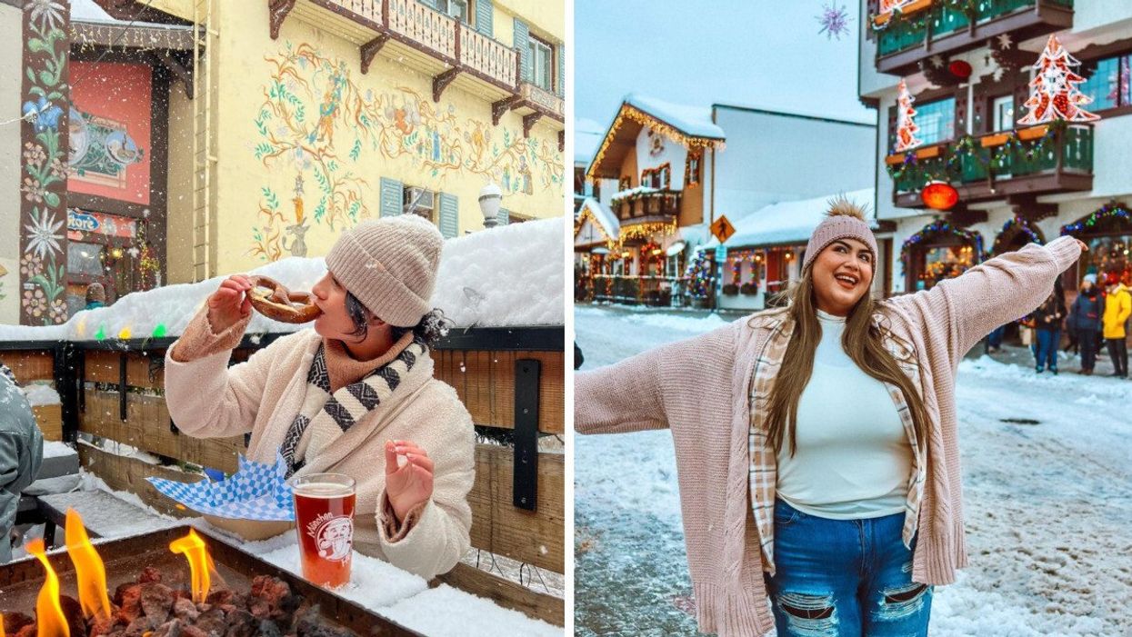 A woman eats a pretzel in Leavenworth. Right: A woman poses in Leavenworth.