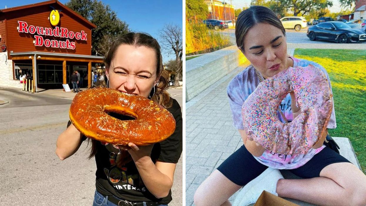 A woman eats a Texas-sized Donut in front of Round Rock Donuts. Right: A woman eats a Texas-sized Strawberry Sprinkle Donut from Round Rock Donuts.