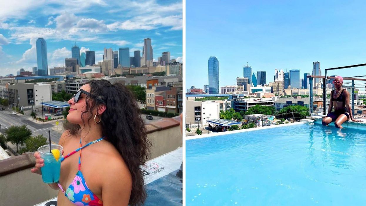 A woman enjoying a cocktail from the CANVAS Dallas infinity pool. Right: A woman sitting in the infinity pool with the Dallas, TX skyline behind.