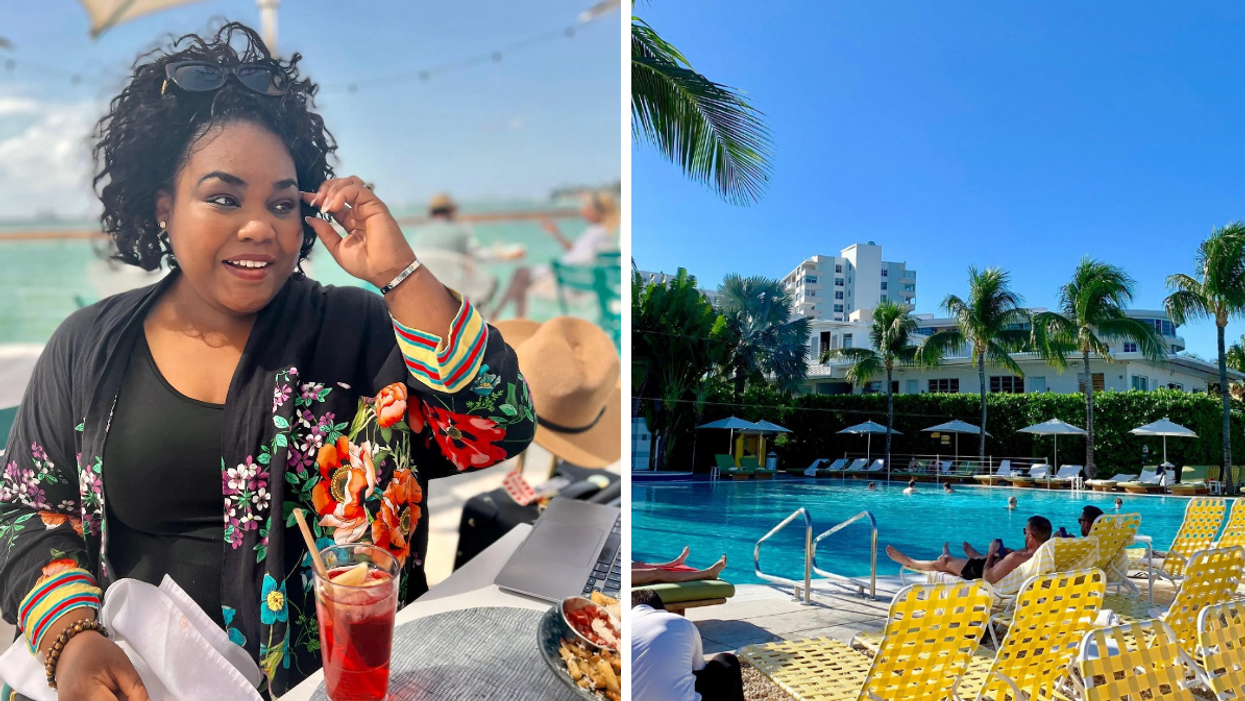 A woman enjoying a drink at The Standard Spa in Miami Beach. Right: The pool area at The Standard Spa.