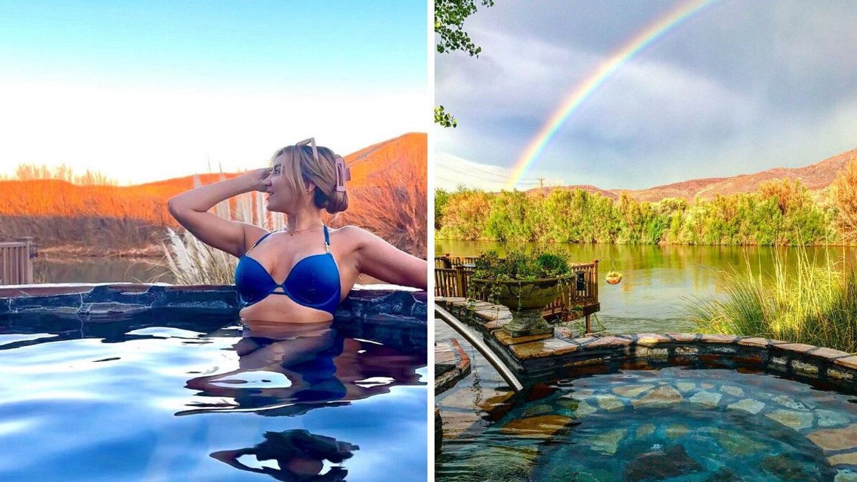 A woman enjoying a hot spring in Truth or Consequences, NM. Right: Riverbend Hot Springs in T or C, NM.