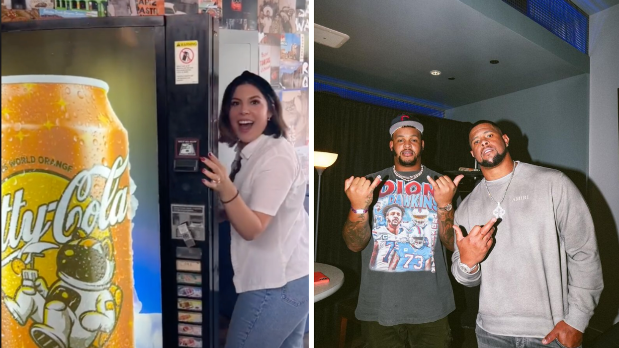 A woman entering a vending machine door. Right: Two Buffalo Bills players.