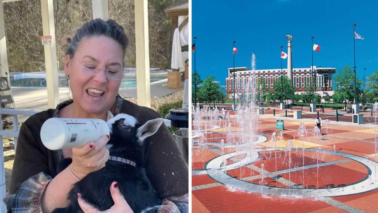 A woman feeding a baby goat a bottle. Right: A splash pad in Downtown Atlanta.