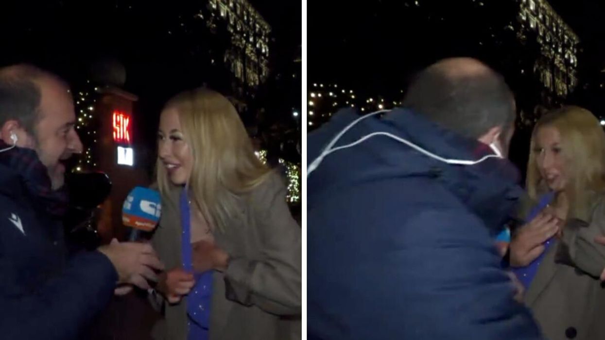 A woman flashing a journalist during a live Sportitalia interview.