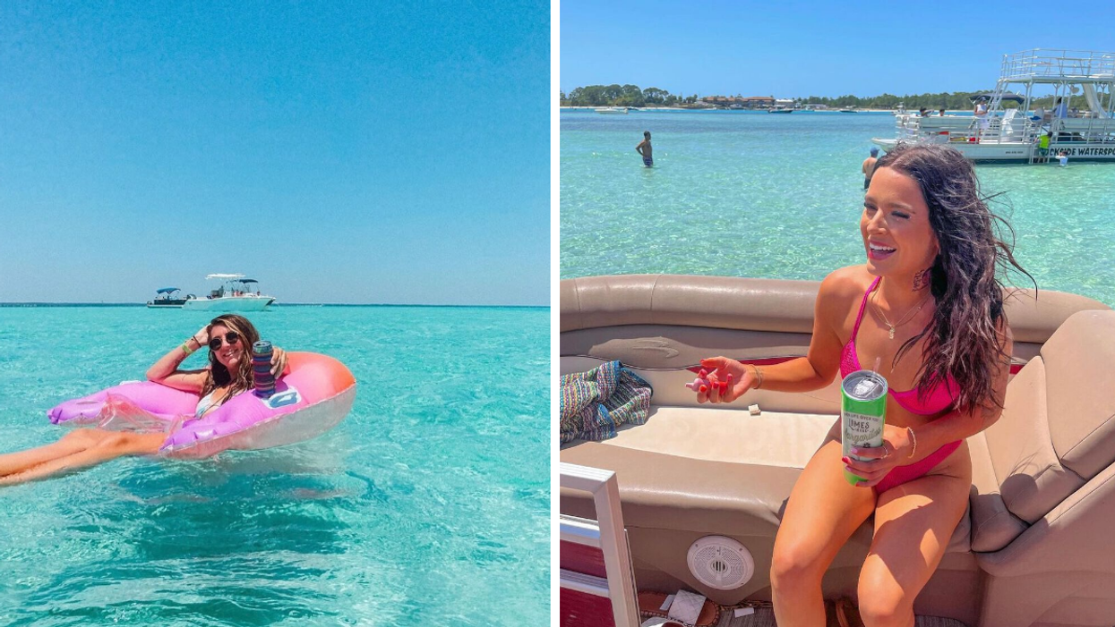 A woman floating on the turquoise waters. Right: A woman on a boat at Crab Island.