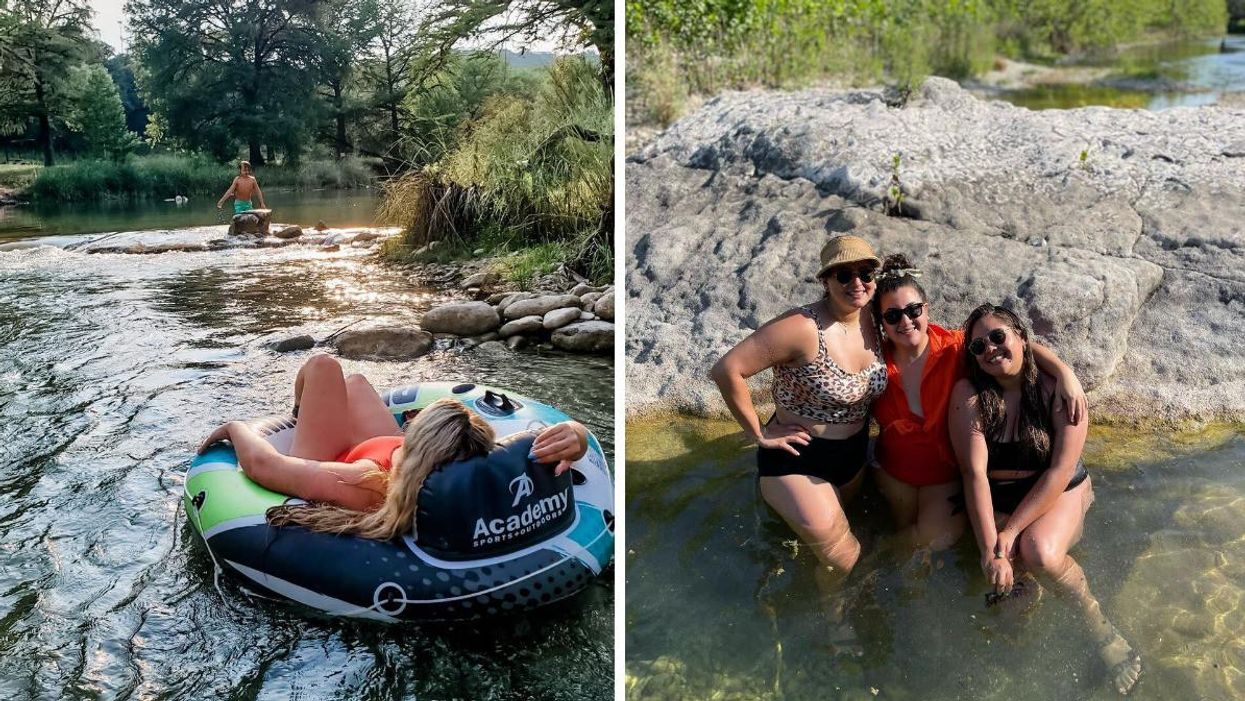A woman floats in a tube at the Frio River Private Access. Right: Three women in the water at the Frio River Private Access.
