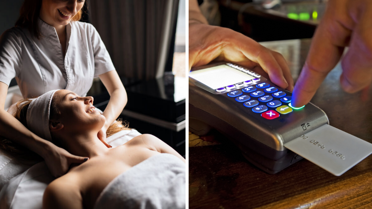 A woman getting a massage. Right: A person tipping.