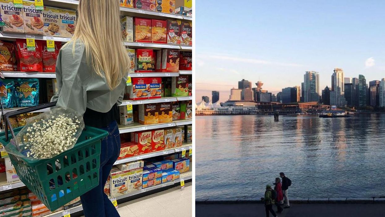 A woman grocery shopping. Right: People walking along the sea wall in Vancouver.