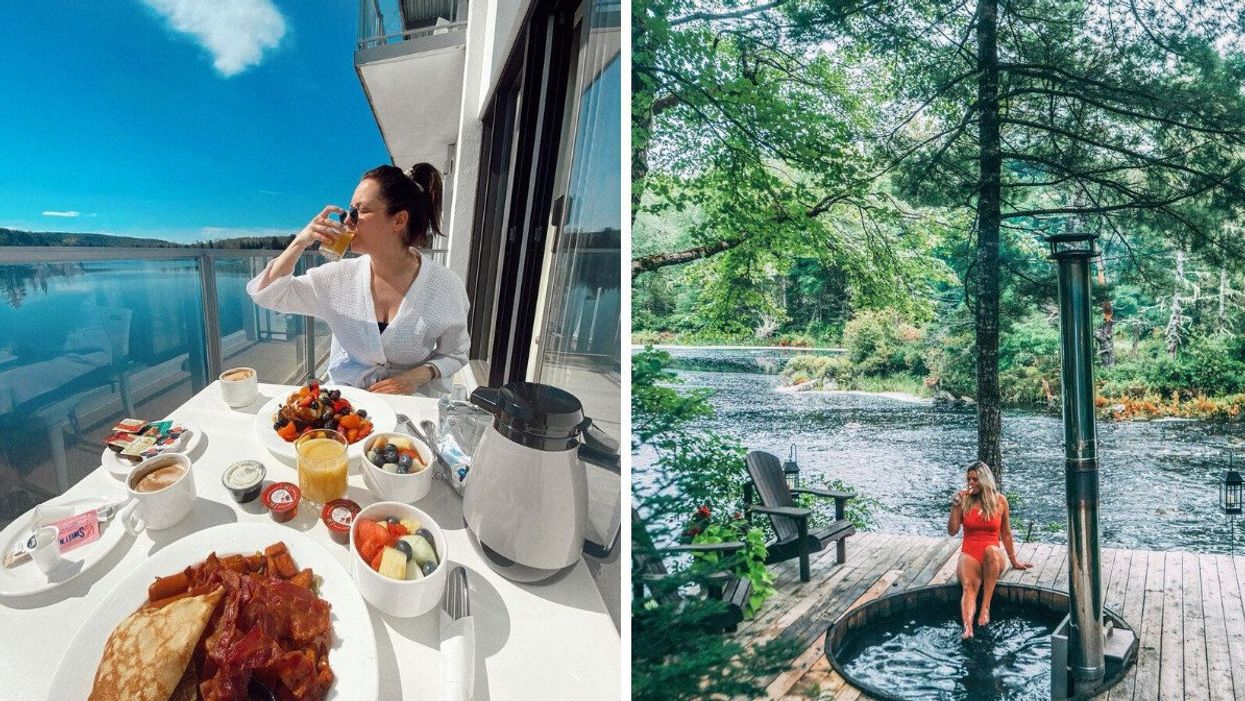 A woman has breakfast at the Estérel Resort. Right: A woman at the Trout Point Lodge.