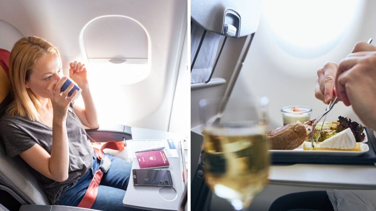 A woman having a drink during a flight. Right: A person eating a meal on a plane.