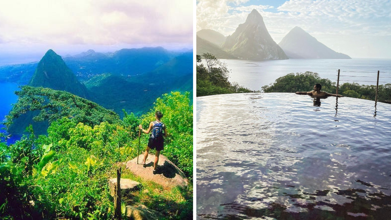 A woman hiking on top of a mountain and looking at the view from above in St. Lucia. Right: A man in a pool with mountain views behind him at Jade Mountain in St. Lucia.