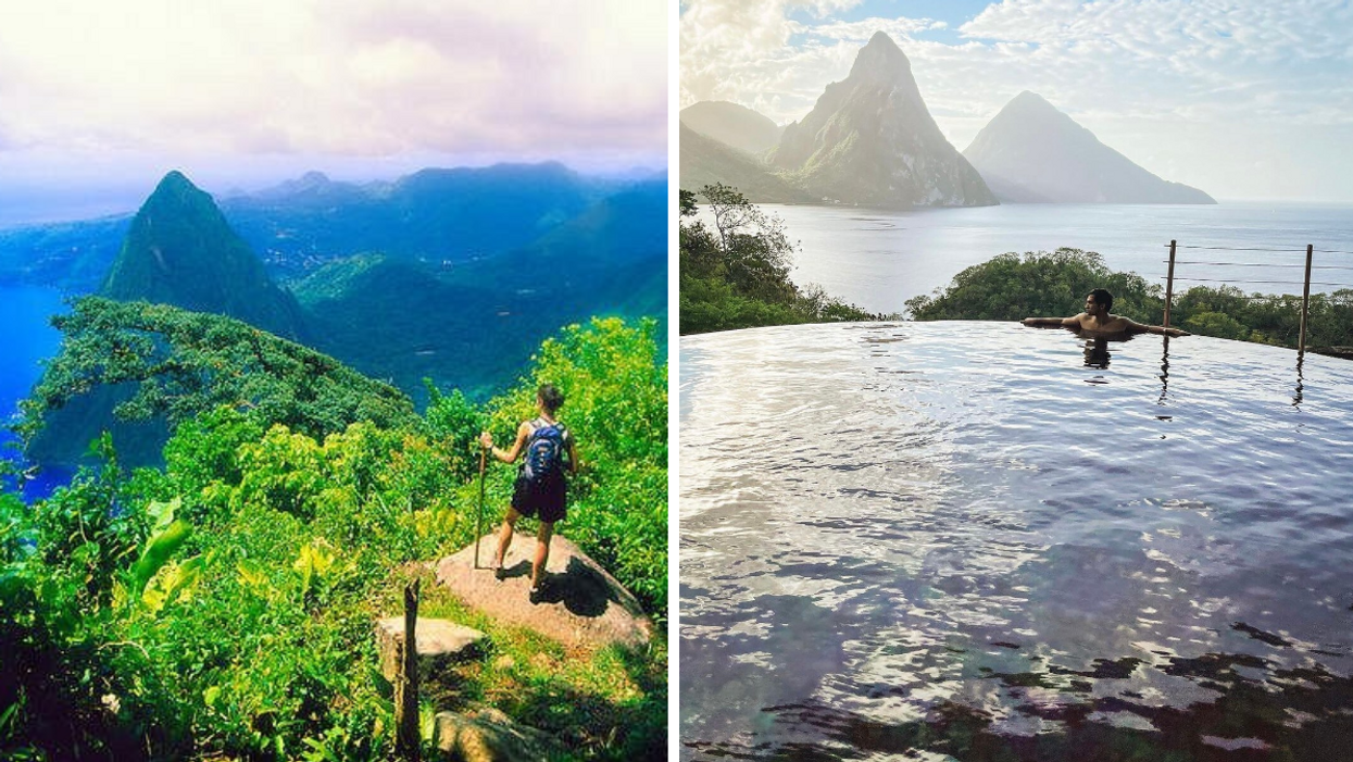 A woman hiking on top of a mountain and looking at the view from above in St. Lucia. Right: A man in a pool with mountain views behind him at Jade Mountain in St. Lucia.