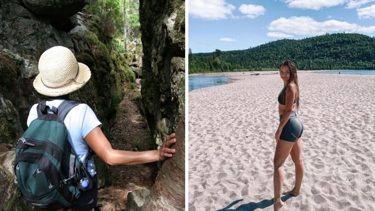 A woman hiking through a trail in one of the Ontario provincial parks. Right: A woman stands on a sand beach on Lake Superior.