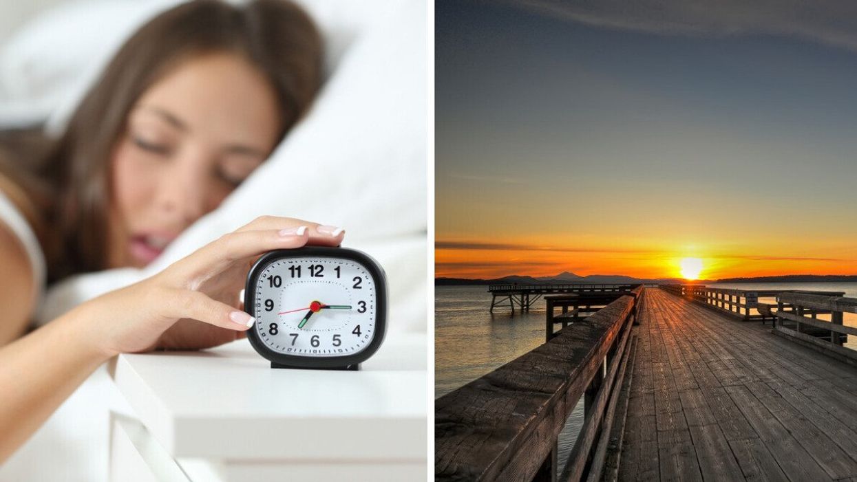 A woman hitting snooze on her alarm clock. Right: A sunrise over Sidney, BC.