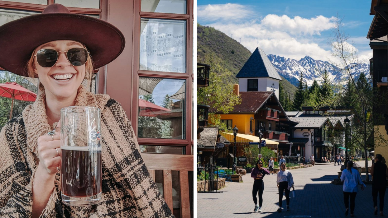 A woman holding a beverage. Right: People walking in Vail Village.
