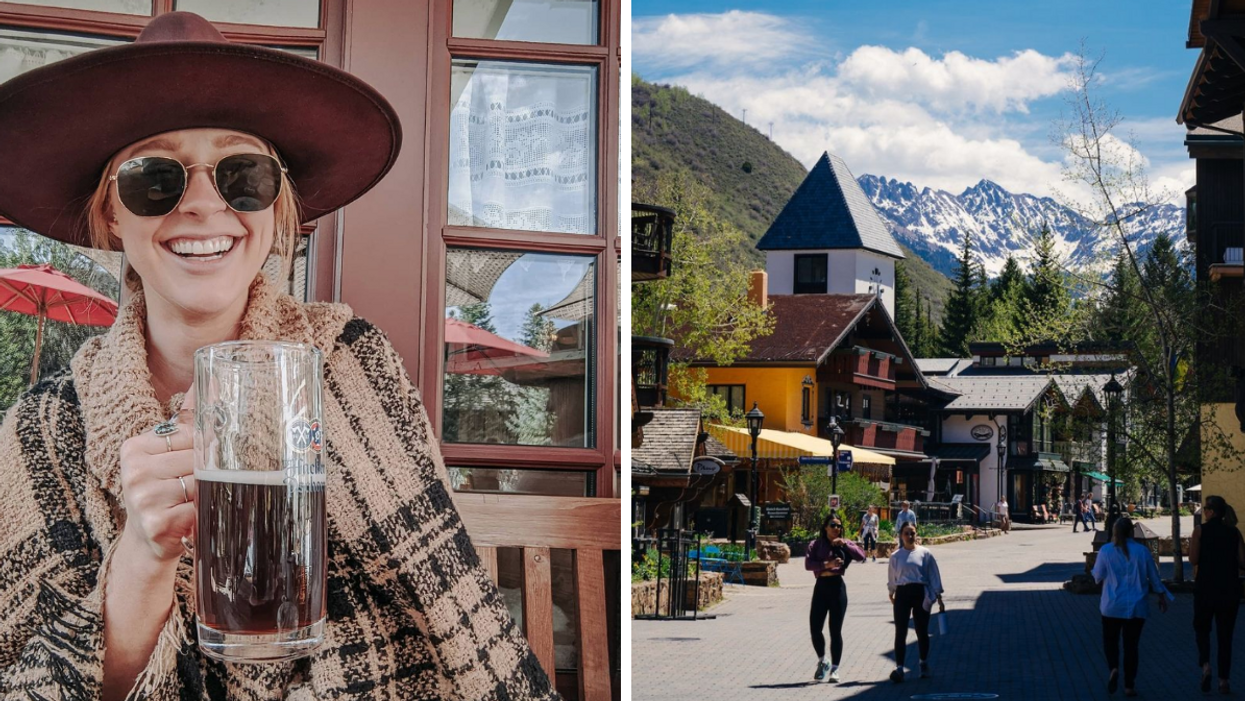 A woman holding a beverage. Right: People walking in Vail Village.