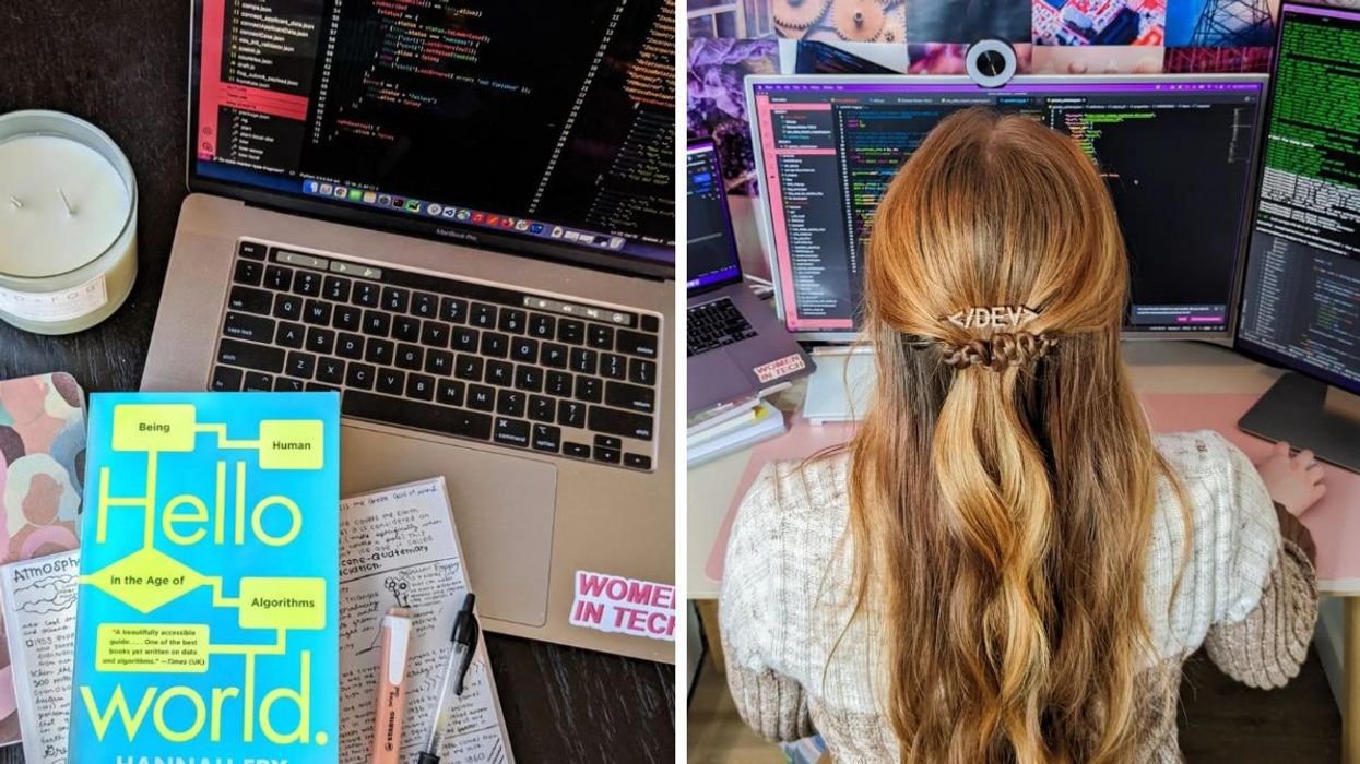 A woman holding a computer. Right: Books and a computer.