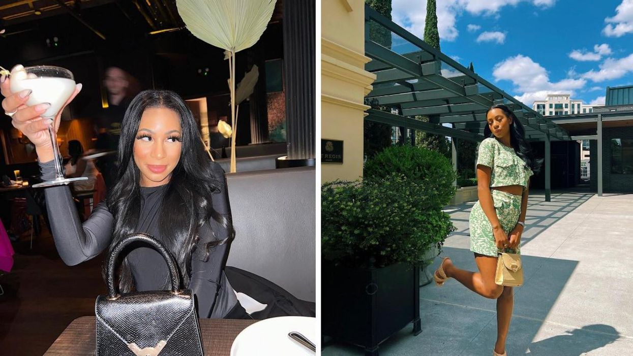 A woman holding a coupe glass. Right: A woman in a green matching set at a luxury hotel.