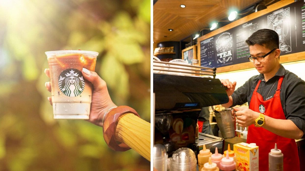 A woman holding a cup of Starbucks coffee. Right: A Starbucks employee making a drink.