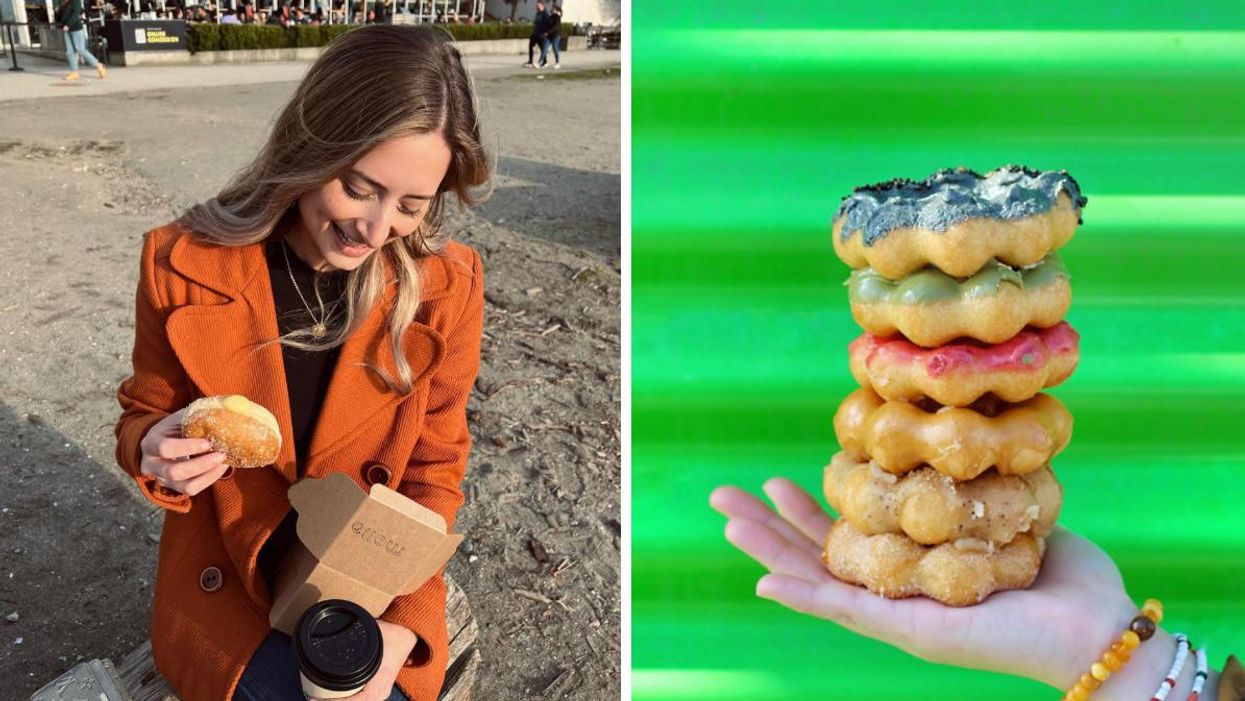 A woman holding a donut. Right: A hand holding donuts.