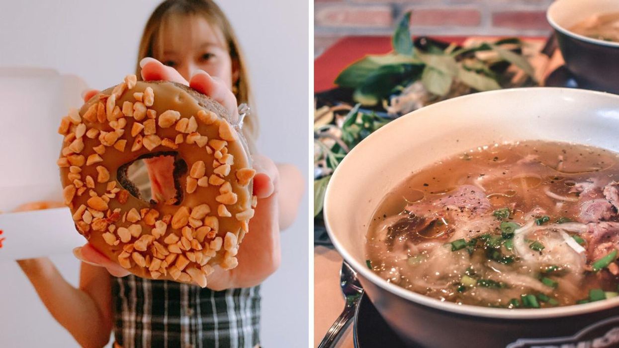 A woman holding a donut. Right: Pho soup.