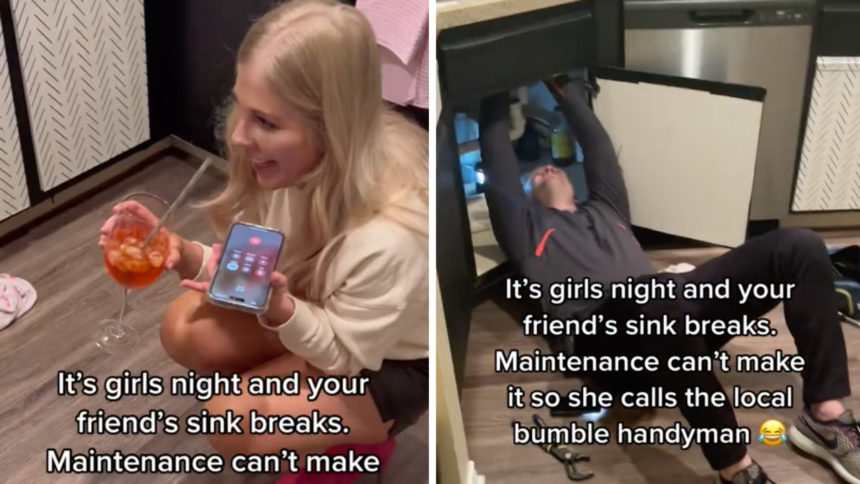 A woman holding a drink and a phone. Right: A man working under a sink.