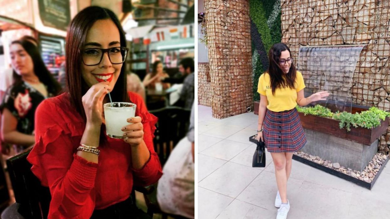 A woman holding a drink at a restaurant in Ciudad Juarez, MX. Right: a woman walking in Ciudad Juarez, MX.