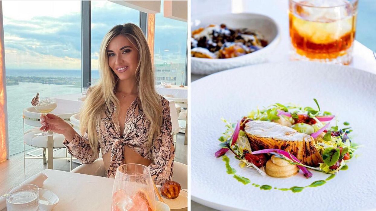 A woman holding a drink in a restaurant with water views. Right: Chicken and greens on a plate.