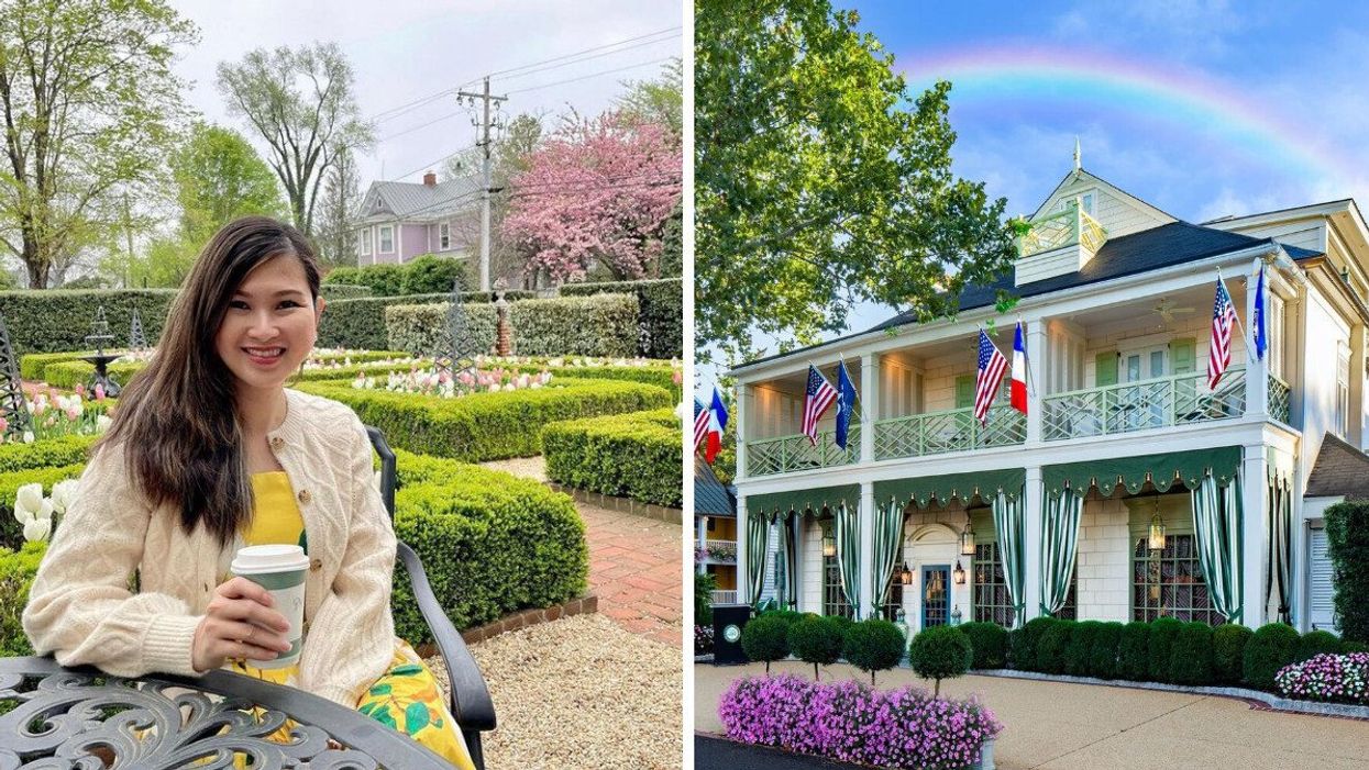 A woman holding a drink in Little Washington, VA. Right: The Inn at Little Washington.